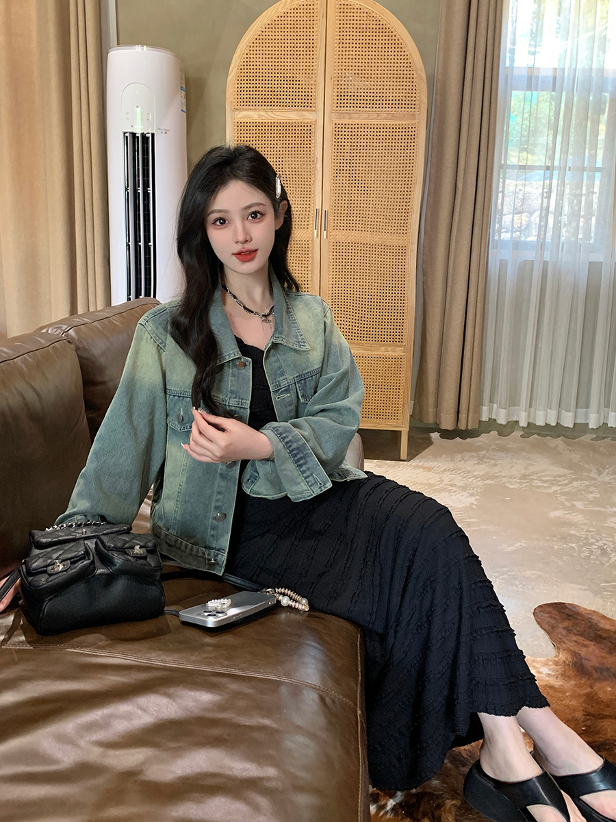 실제 촬영 큰 사이즈 여성 의류 프랑스어 기질 슬링 드레스 외부 가져 가라. 카우보이 외투 지방 mm 숨기기 고기 슬림 치마