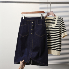 批发实拍夏春新款大码深蓝色牛仔半身裙女胖MM中长款高腰A字开叉裙子