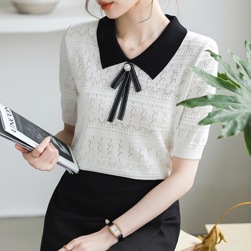 LN29762# 夏季新款韩版气质镂空设计感短袖小衫女白色甜美正肩显瘦上衣