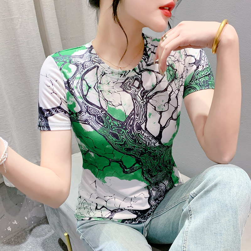 MY16997# 夏季新款时尚定位印花短袖T恤打底衫修身上衣女女裝貨源服裝...