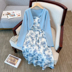 批发实拍大码女装春夏微胖mm高级感吊带长裙显瘦气质碎花连衣裙两件套