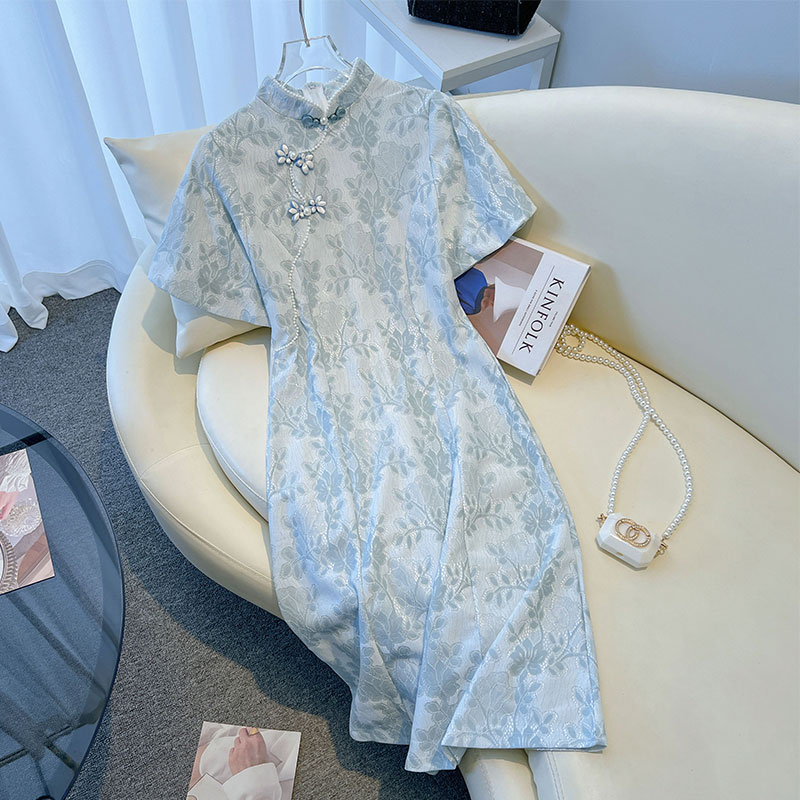 FA36340# 改良旗袍新款中式年轻款少女小个子温柔范订婚日常可穿夏短袖 服裝批發女裝批發服飾貨源