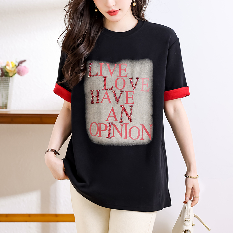 MY14862# 夏季新款钉钻字母印花短袖T恤袖口拼接宽松休闲打底上衣女裝貨源服裝批發