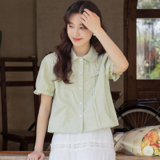 批发实拍2026夏日泡泡翻领花边短袖<b class='q'>衬衫</b>可爱少女春夏小衫上衣女