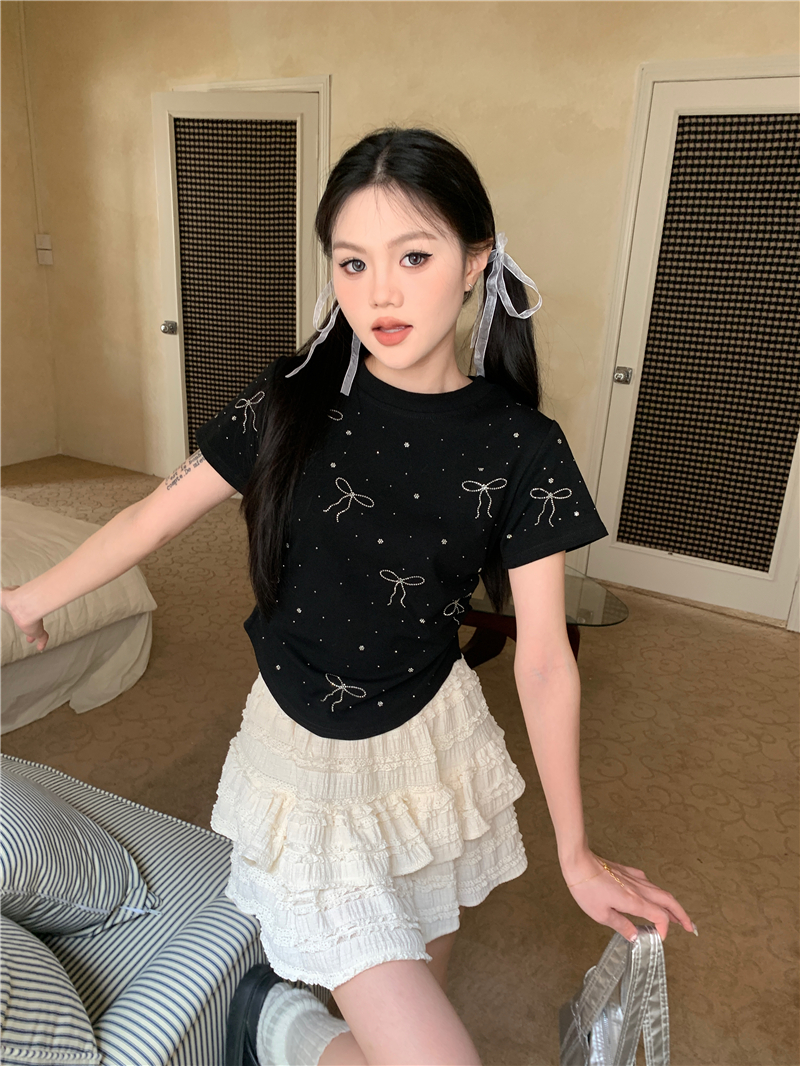 FA32149# 重工蝴蝶结烫钻圆领短款收腰T恤上衣 服裝批發女裝批發服飾貨源