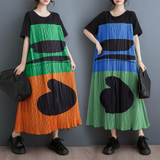 批发实拍夏季新款宽松大码印花拼接气质文艺中长款<b class='q'>连衣裙</b>