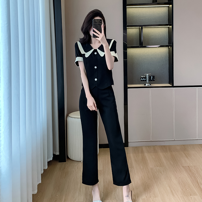 RY6335# 小香风夏季气质时尚减龄套装娃娃领小衫九分裤两件套女