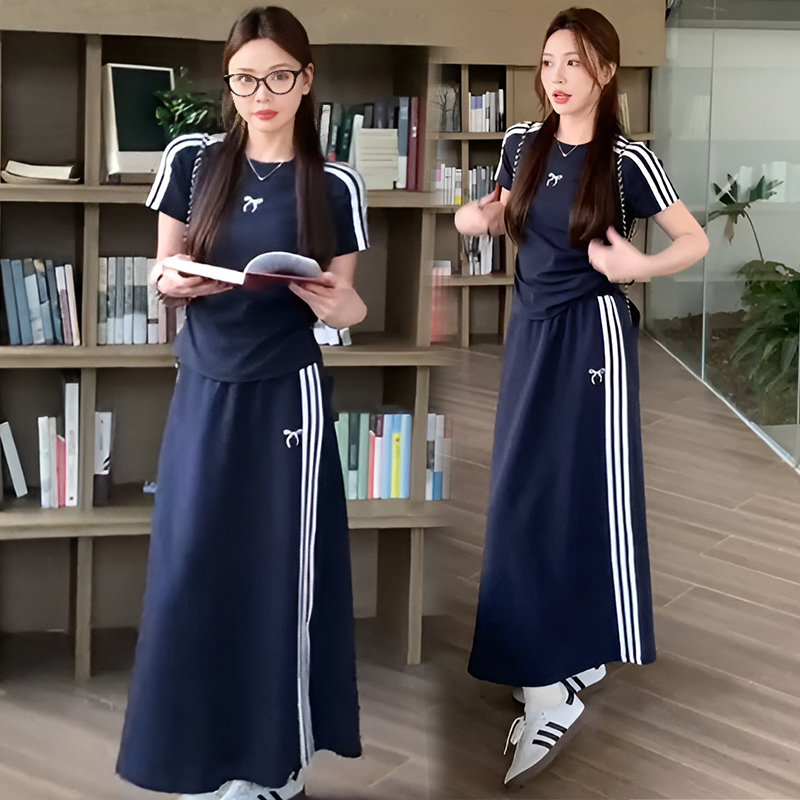 PF5264#休闲运动套装女蝴蝶结T恤上衣2024夏季新款半身裙气质两件套...