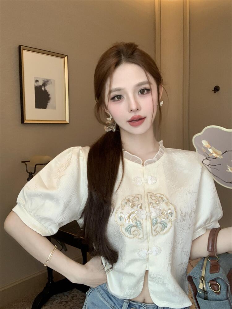 PF5173#短袖新中式国风夏季新款雪纺蕾丝短袖盘扣设计感修身短款上衣女裝...