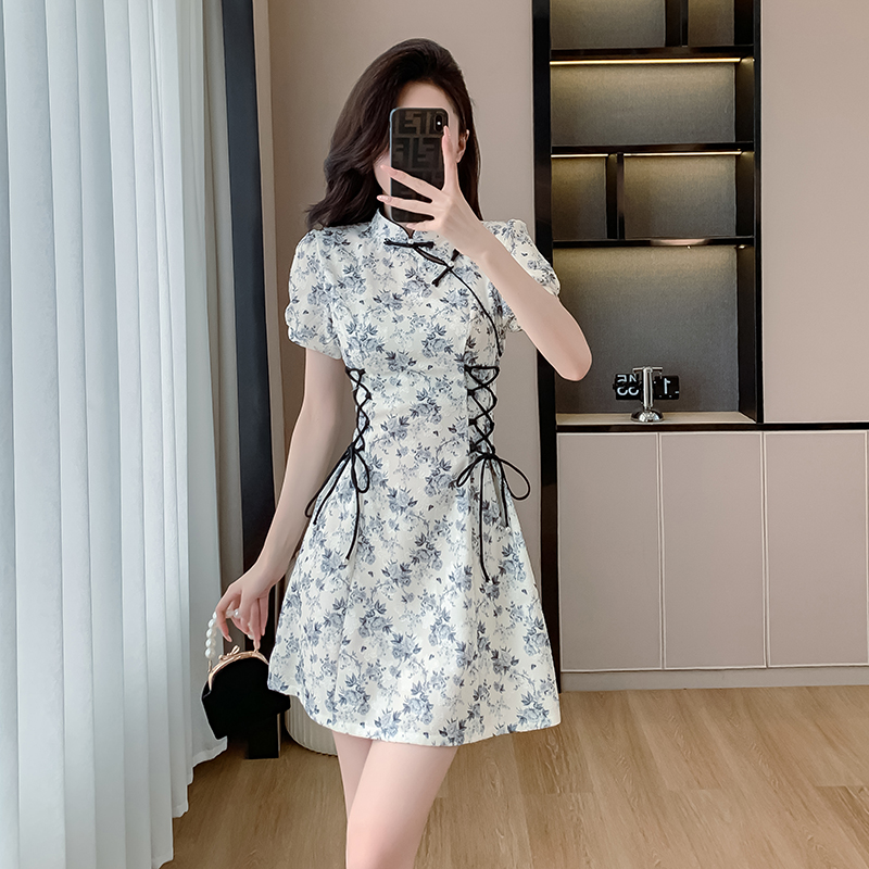 FA21300# 新中式国风旗袍改良年轻款少女小个子时尚收腰显瘦高端碎花连衣裙服裝批發女裝批發服飾貨源