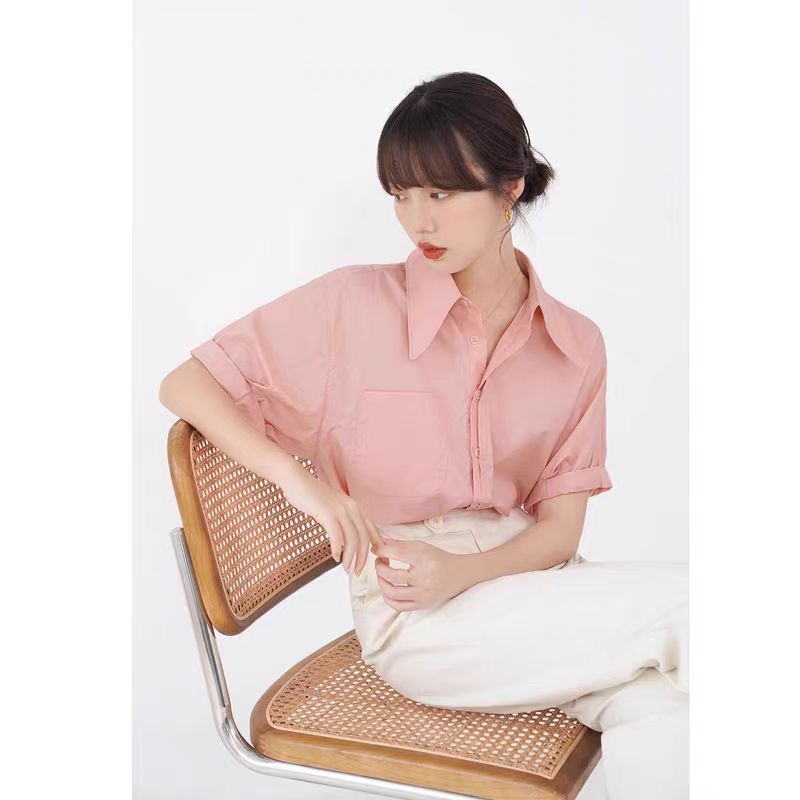 프랑스어 게으른 기질 스왈로우 테일 칼라 셔츠 핑크색 코튼 느슨한 슬림 짧은 소매 여성 셔츠 여름