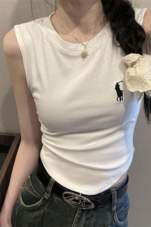 Real shot of design embroidered sleeveless vest for women, summer slim fit inner short top for women