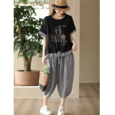 批发官图新款复古色织汉麻格子<b class='q'>套装</b>女休闲T恤<b class='q'>哈伦裤</b>格纹两件套夏