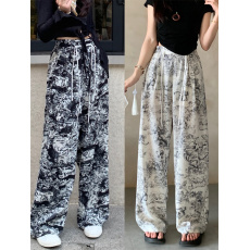 批发水墨画扎染冰丝阔腿裤<b class='q'>女</b>夏季薄款高腰垂感显瘦国风盘扣窄版直筒裤