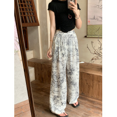 批发水墨画扎染冰丝阔腿裤<b class='q'>女</b>夏季薄款高腰垂感显瘦国风盘扣窄版直筒裤