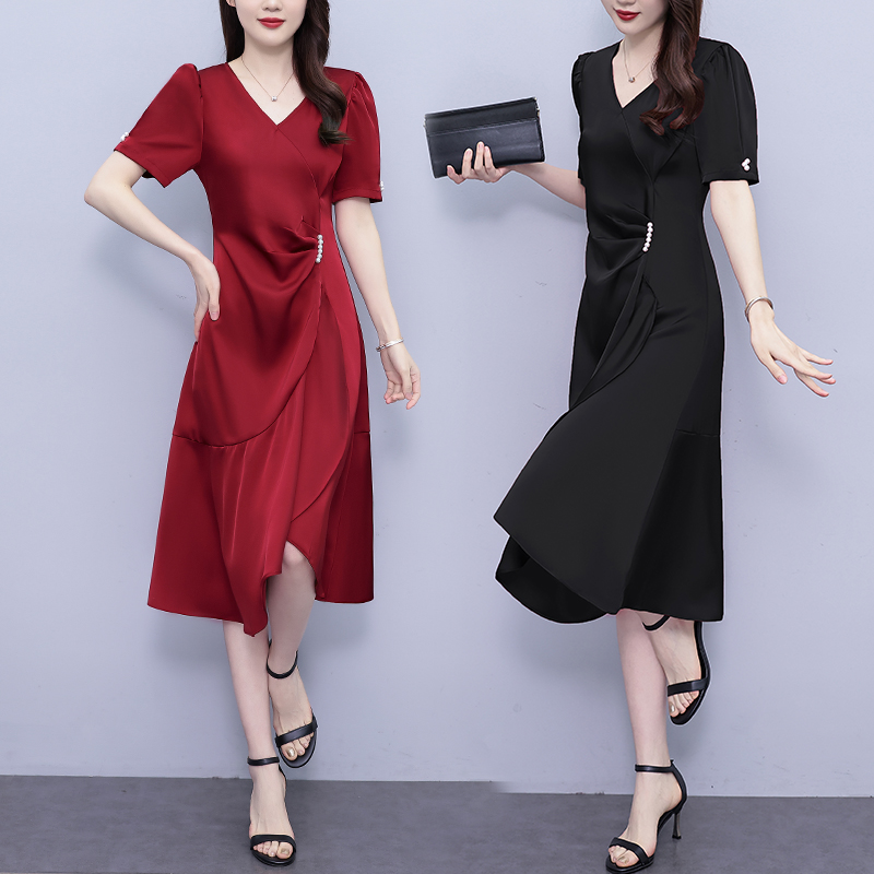 PF5164#红色v领高端气质连衣裙2024夏季新款女装收腰显瘦气质修身包...