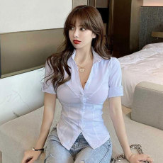 批发创峰好质量气质<b class='q'>OL</b><b class='q'>衬衫</b>制服女轻熟V领低胸紧身上衣翻领短袖<b class='q'>衬衣</b>