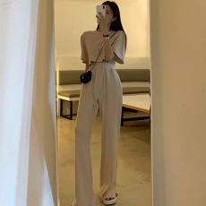 批发韩国chic夏季简约圆领纯色套头短袖<b class='q'>T</b><b class='q'>恤</b>+高腰系带开叉阔腿裤<b class='q'>长</b>裤<b class='q'>女</b>
