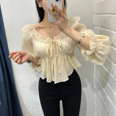 批发韩国ins  纯色可露肩褶皱<b class='q'>甜美</b>衬衫