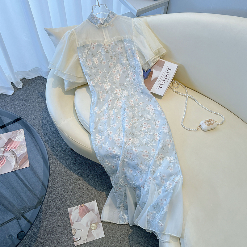 FA36338# 改良版鱼尾旗袍新款高端气质夏季蓝色镂空小清新日常连衣裙 服裝批發女裝批發服飾貨源