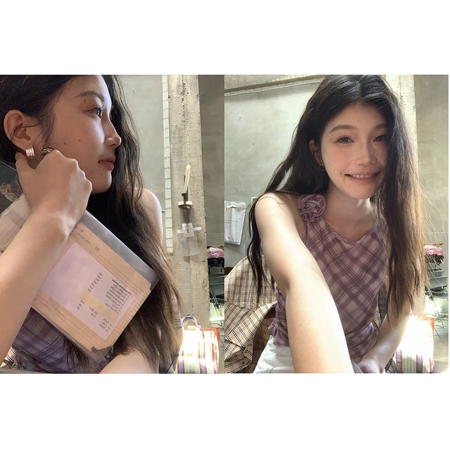 Hellooo Eat 粉色格紋背心2024春季韓版小眾設計感小花無袖上衣女