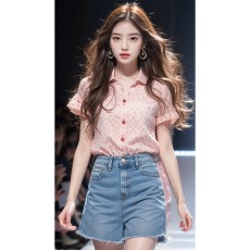 独特别致漂亮的小衫衬衫女装2026年新款春装粉色V领气质短袖上衣