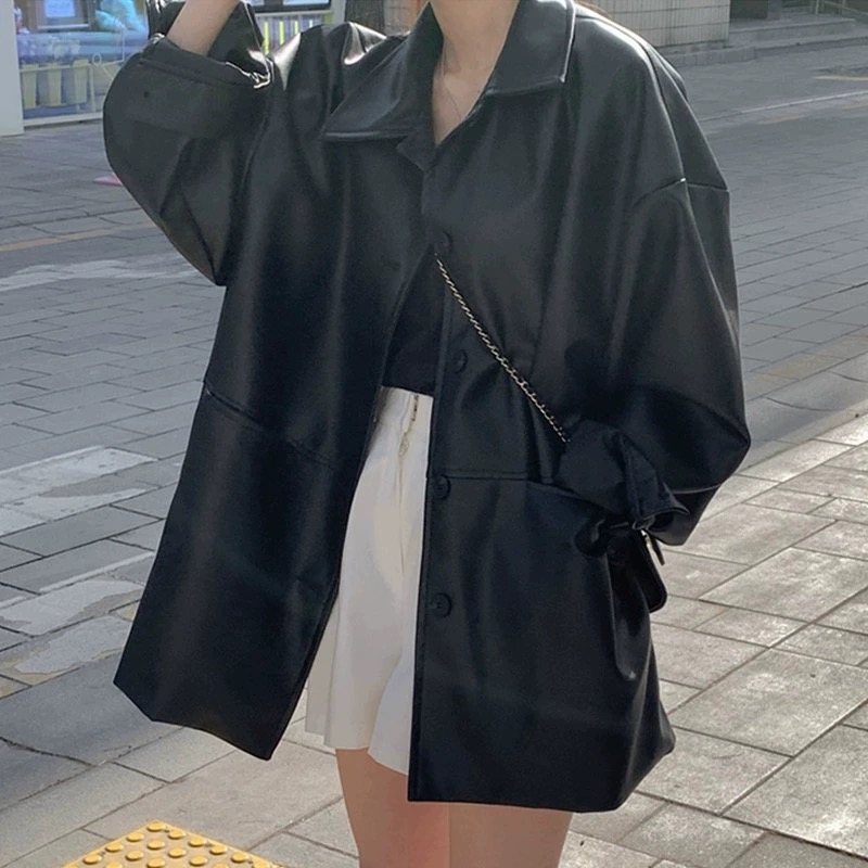 한국 잘 생긴 폴로 칼라 싱글 줄 버튼 가죽 재킷 여성 코트 가을 새로운 루즈핏 다용도 모조 가죽 재킷 맨위