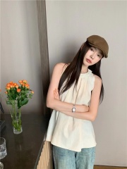 法式高級感白色無袖背心女裝夏季2024新款寬鬆圓領壓褶設計感上衣