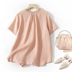 批发实拍轻薄骨感纯亚麻短袖<b class='q'>衬衫</b> 前后两穿 <b class='q'>宽松</b>木耳领贝壳扣女上衣夏