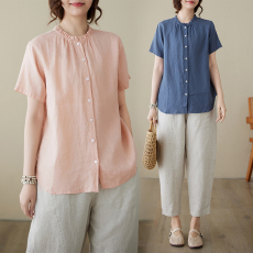 批发实拍前后两穿 轻薄纯亚麻短袖<b class='q'>衬衣</b> <b class='q'>宽松</b>木耳领贝壳扣女上衣夏2026