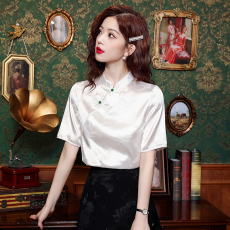 批发实拍新中式改良旗袍<b class='q'>衬衫</b>女夏季新款复古国风白色提花气质上衣