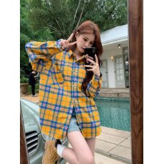 批发春夏季黄色格子长袖衬衫2026新款<b class='q'>男</b>友风宽松情侣休闲衬衣外套