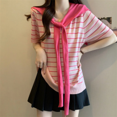 批发实拍 大码<b class='q'>女</b>装夏季胖mm条纹两件套短袖t恤披肩胖妹妹针织上衣