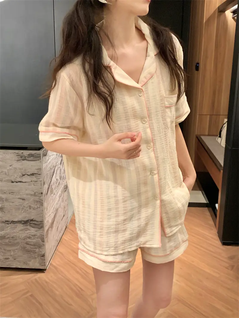 마카롱 컬러 오일페인팅 레인보우 스트라이프 홈웨어 세트 상세 이미지 1