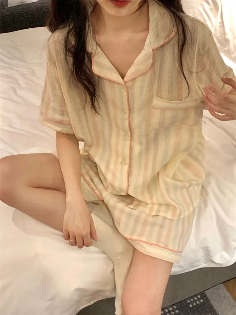마카롱 컬러 오일페인팅 레인보우 스트라이프 홈웨어 세트 상세 이미지 3