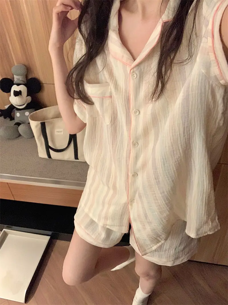 마카롱 컬러 오일페인팅 레인보우 스트라이프 홈웨어 세트 상세 이미지 4