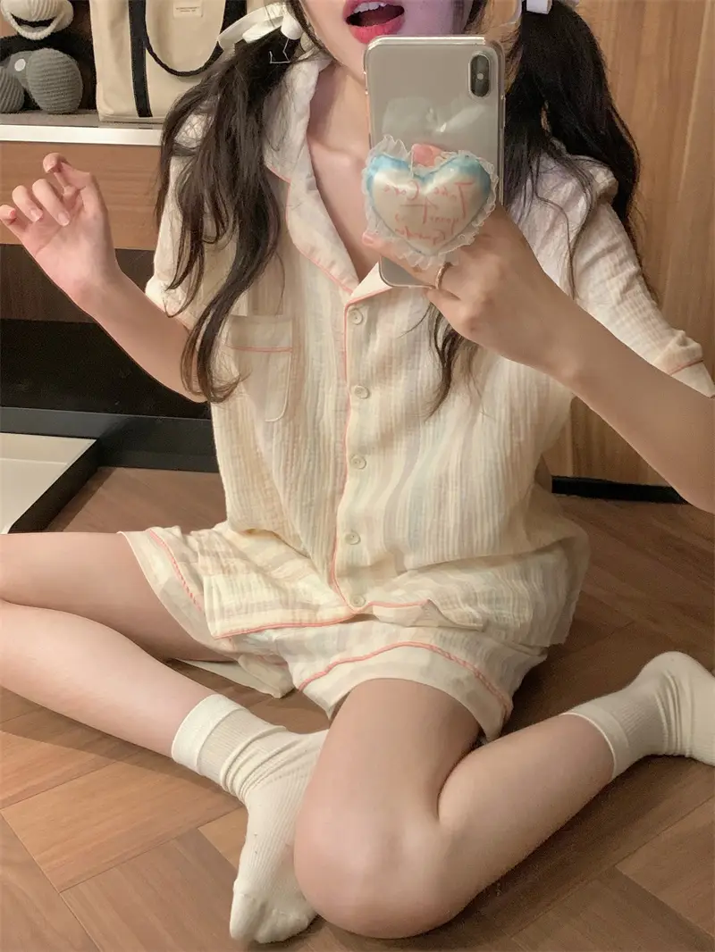 마카롱 컬러 오일페인팅 레인보우 스트라이프 홈웨어 세트 상세 이미지 9