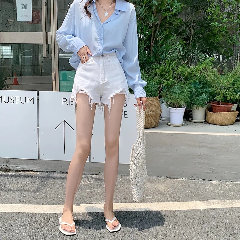 Denim shorts for women, high waist, new style, slim, small, raw edge, a-line, ripped, ultra-short hot pants for summer, summer