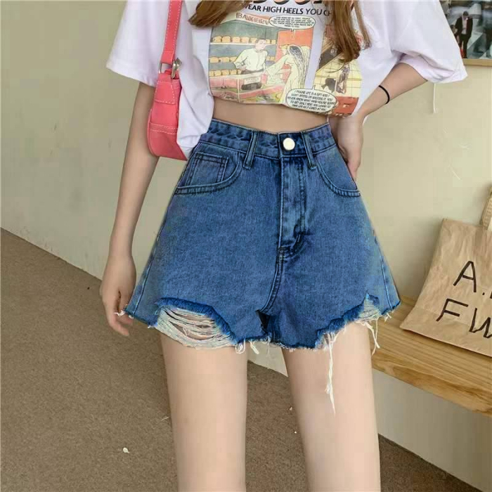 Denim shorts for women, high waist, new style, slim, small, raw edge, a-line, ripped, ultra-short hot pants for summer, summer