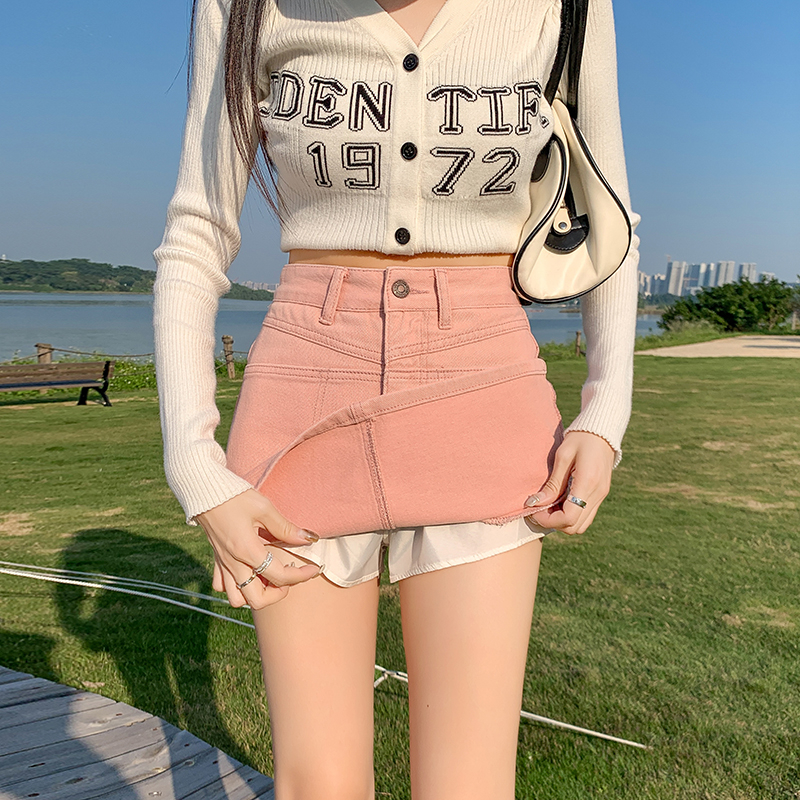 Actual shot of pink lined denim short skirt for women 2024 new summer style anti-exposure versatile a-line slim hip skirt