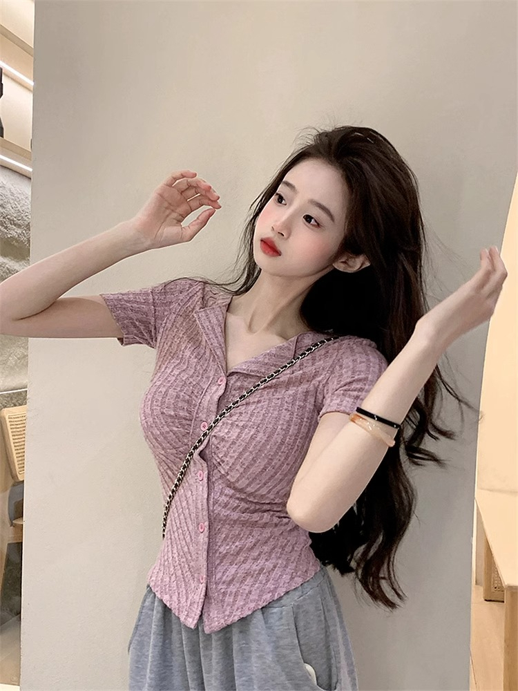 Designed pleated right-shoulder short-sleeved T-shirt for women in summer irregular slim-fitting short high-waisted top