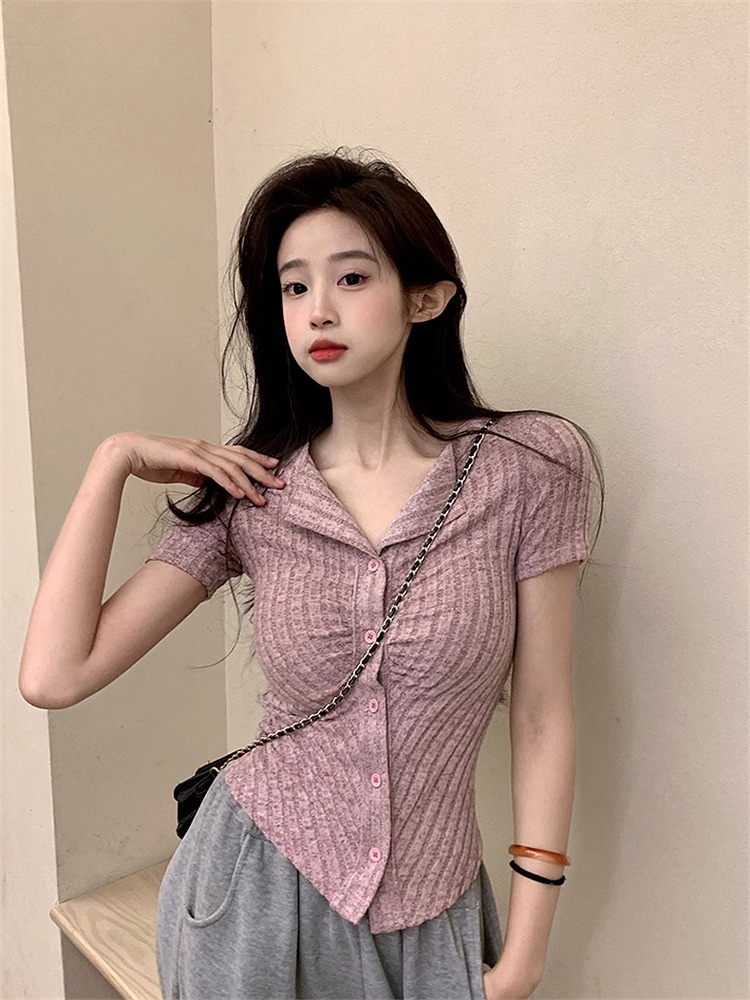 Designed pleated right-shoulder short-sleeved T-shirt for women in summer irregular slim-fitting short high-waisted top