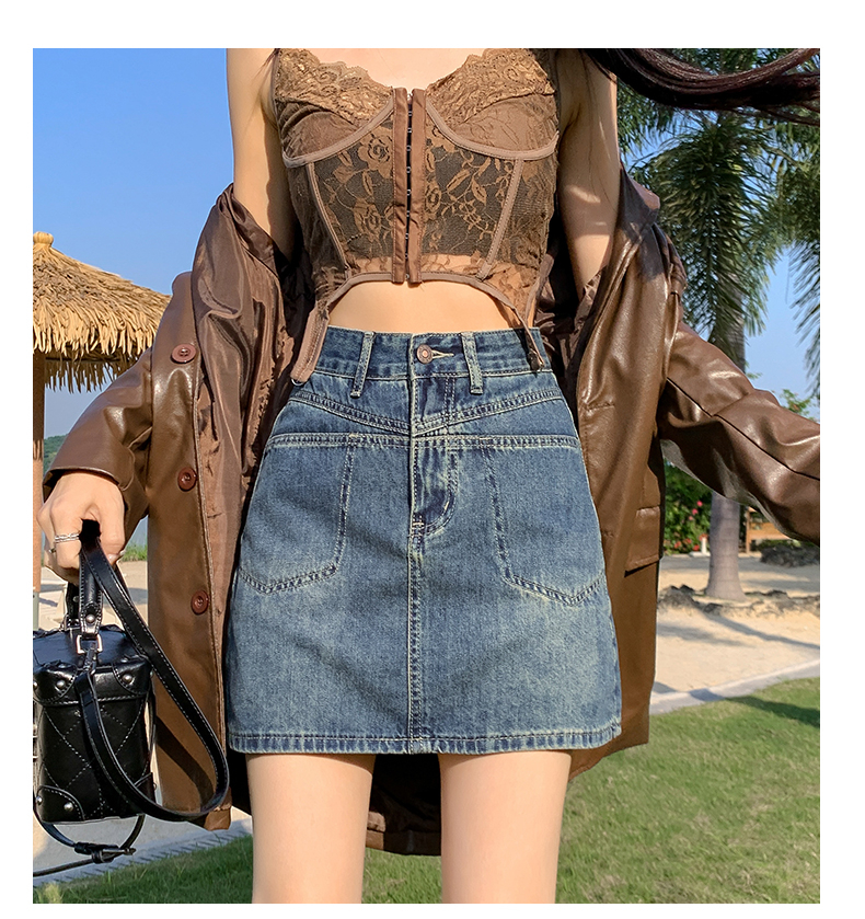 Actual shot of pink lined denim short skirt for women 2024 new summer style anti-exposure versatile a-line slim hip skirt