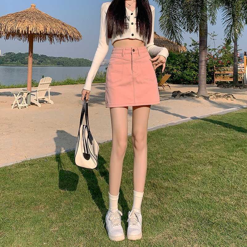 Actual shot of pink lined denim short skirt for women 2024 new summer style anti-exposure versatile a-line slim hip skirt