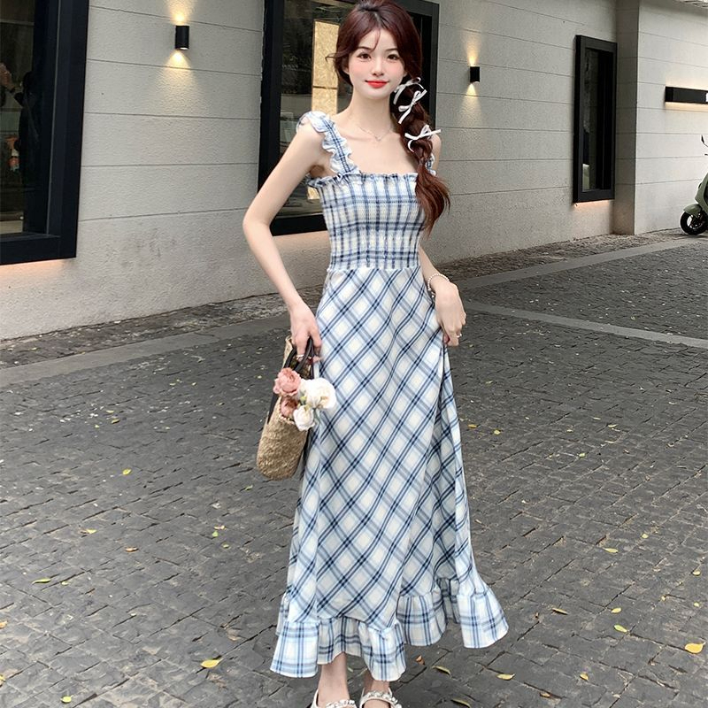 New commuter square-neck high-waist slim long wrap dress summer sleeveless plaid suspender skirt