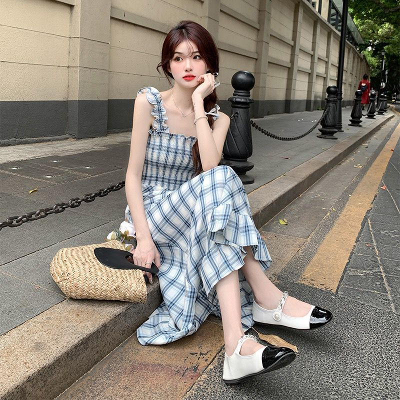 New commuter square-neck high-waist slim long wrap dress summer sleeveless plaid suspender skirt