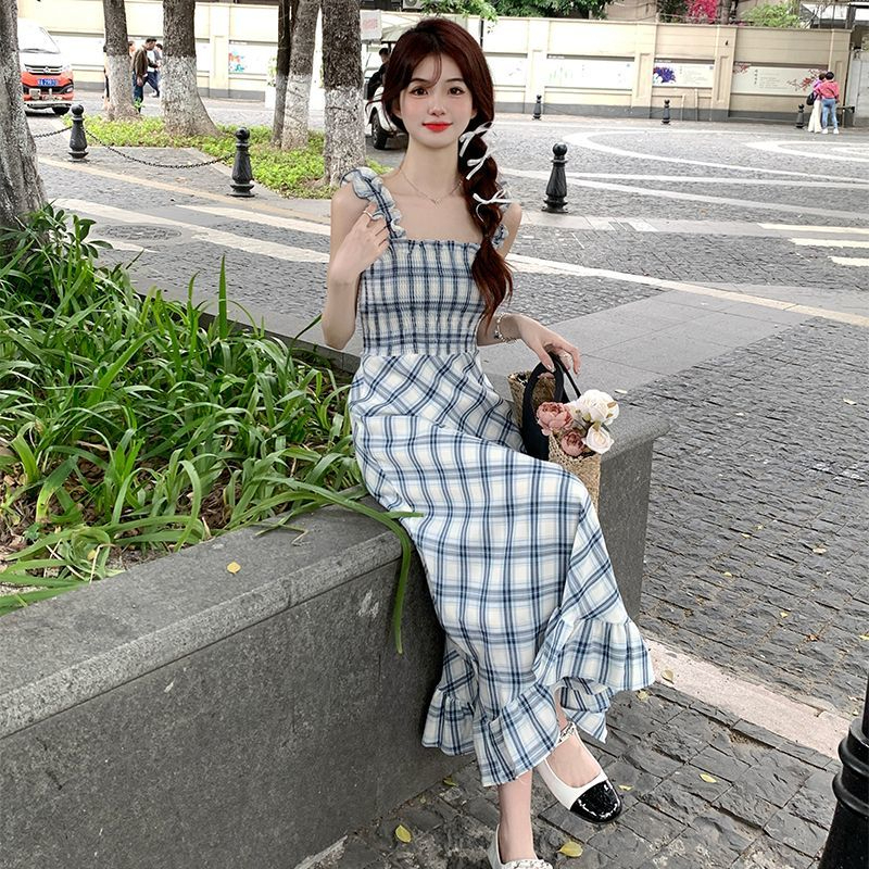 New commuter square-neck high-waist slim long wrap dress summer sleeveless plaid suspender skirt