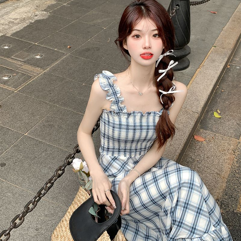 New commuter square-neck high-waist slim long wrap dress summer sleeveless plaid suspender skirt