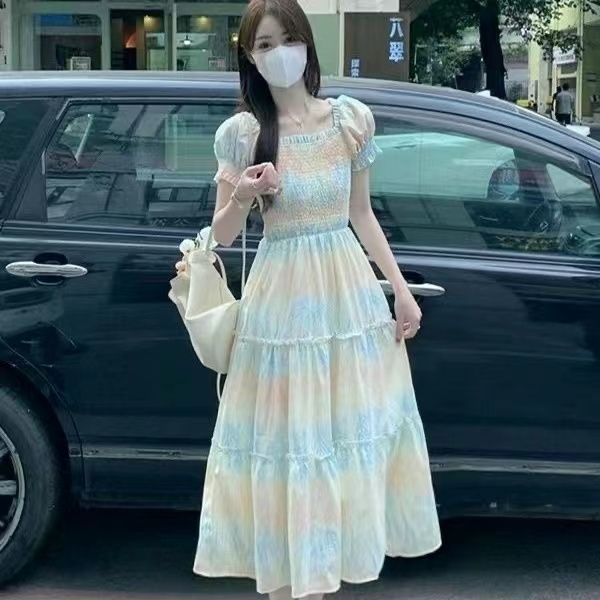 French platycodon floral dress for women 2024 new summer style high-end waist slimming mid-length skirt above the knee