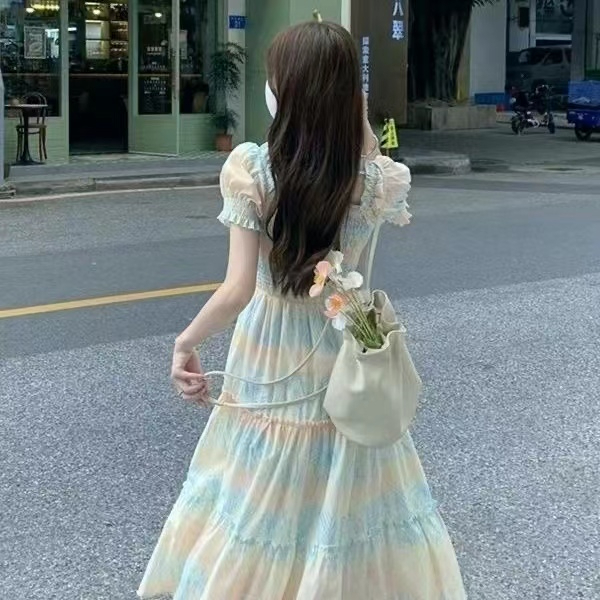 French platycodon floral dress for women 2024 new summer style high-end waist slimming mid-length skirt above the knee